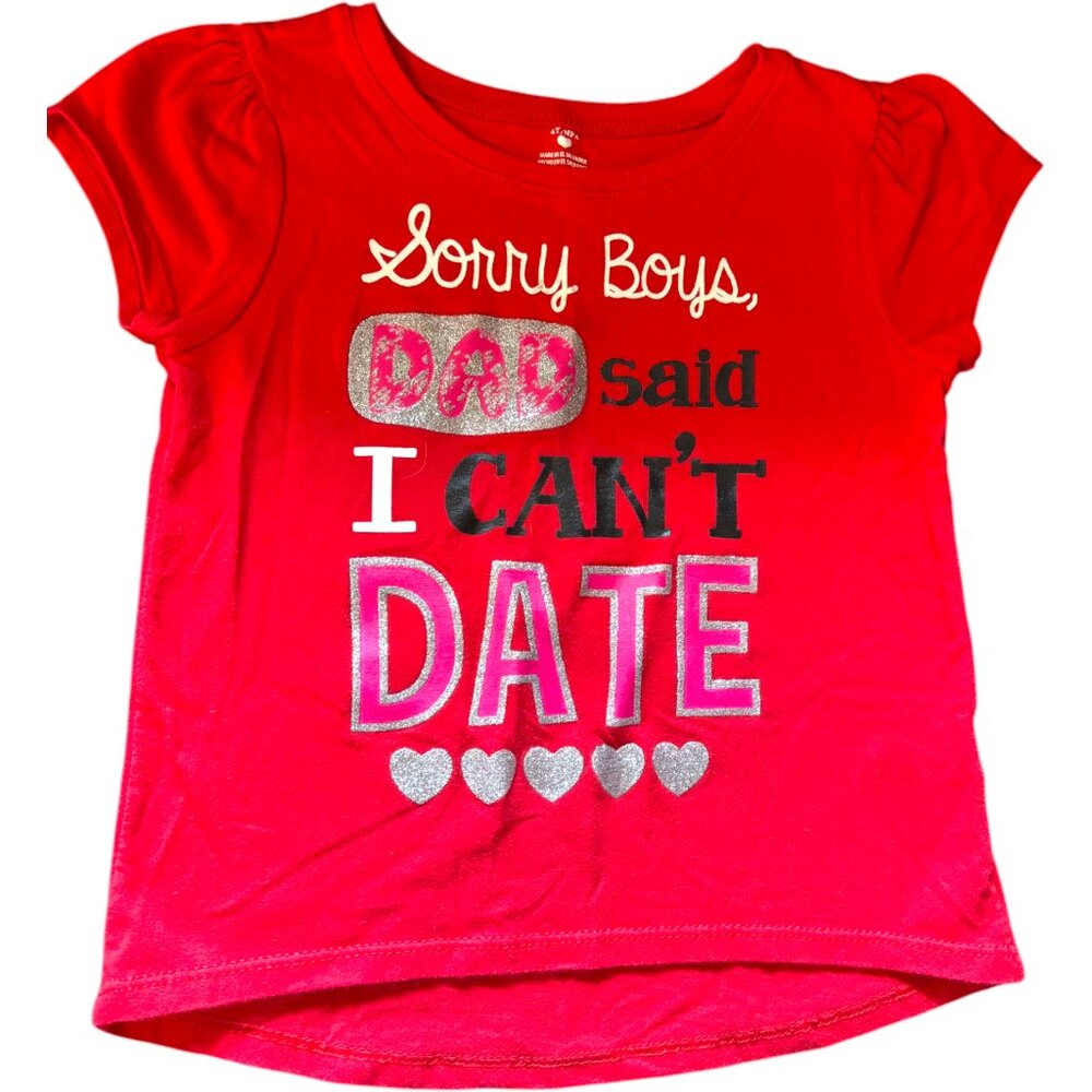 Girl's red and glitter ruffle sleeve‎ funny graphic t-shirt "Can't Date" sz 4t